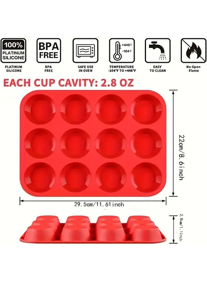 Bright Red 12 Cup Silicone Muffin Pan Nonstick BPA Free Cupcake Mold Baking Tool - Image 3